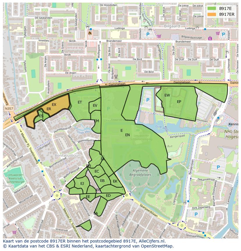 Afbeelding van het postcodegebied 8917 ER op de kaart.