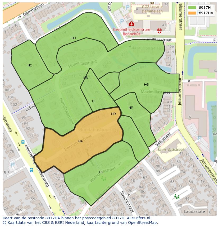 Afbeelding van het postcodegebied 8917 HA op de kaart.