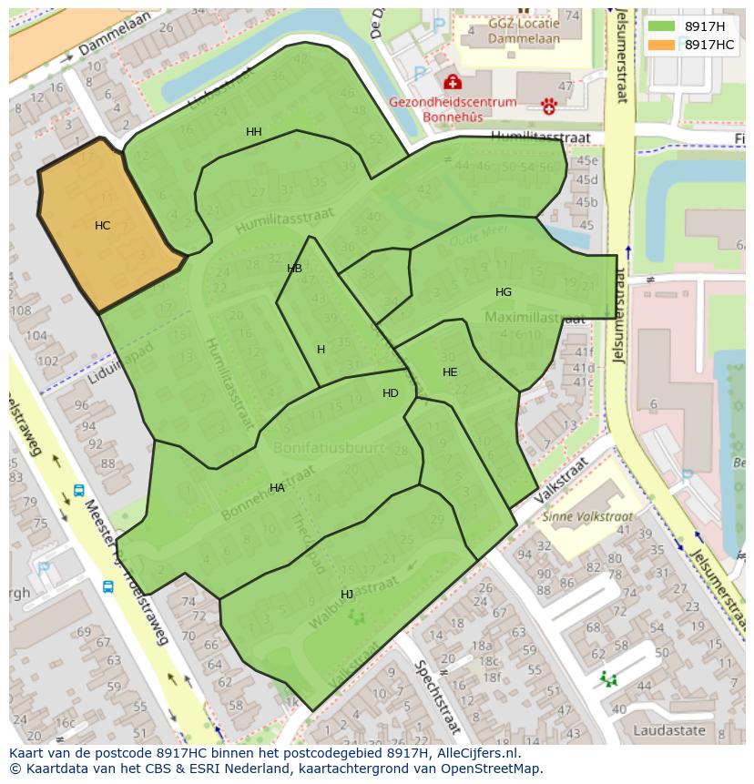 Afbeelding van het postcodegebied 8917 HC op de kaart.