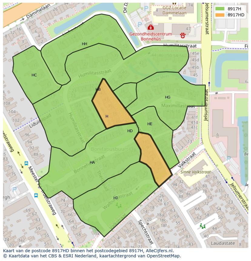 Afbeelding van het postcodegebied 8917 HD op de kaart.
