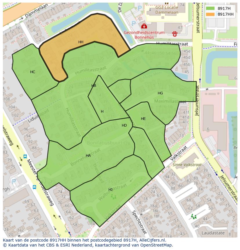 Afbeelding van het postcodegebied 8917 HH op de kaart.