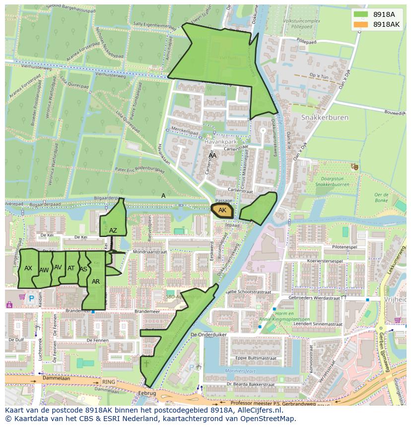 Afbeelding van het postcodegebied 8918 AK op de kaart.