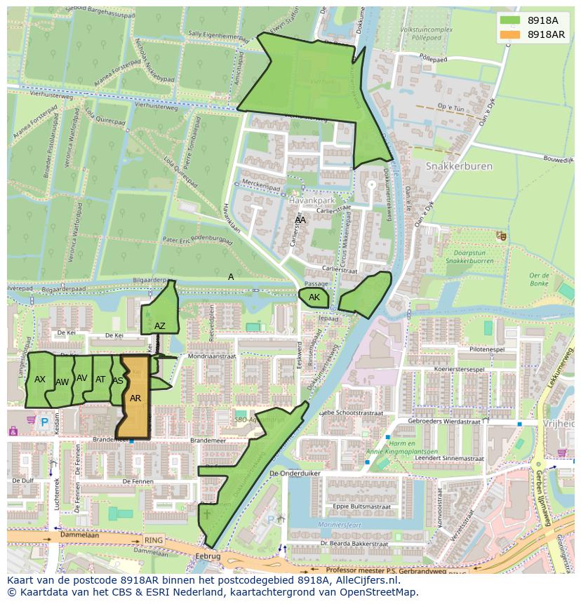 Afbeelding van het postcodegebied 8918 AR op de kaart.