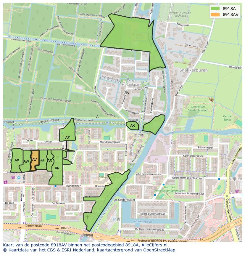 Afbeelding van het postcodegebied 8918 AV op de kaart.