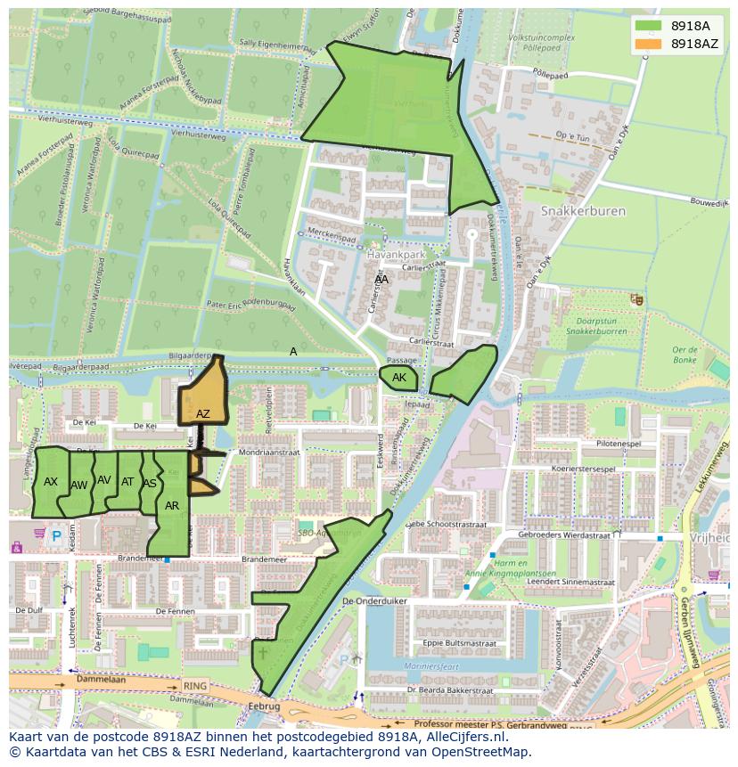 Afbeelding van het postcodegebied 8918 AZ op de kaart.