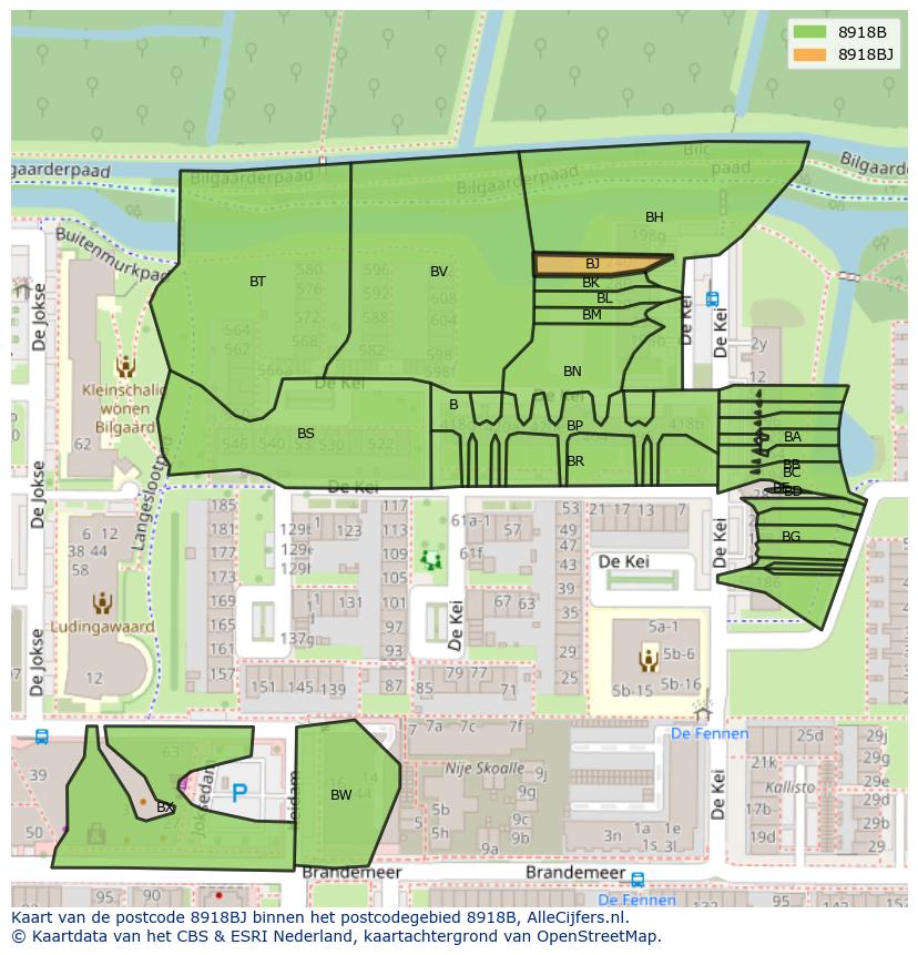 Afbeelding van het postcodegebied 8918 BJ op de kaart.