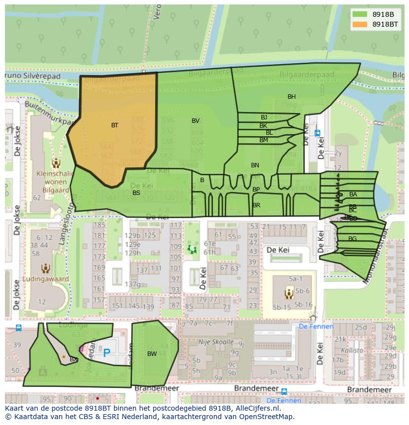 Afbeelding van het postcodegebied 8918 BT op de kaart.