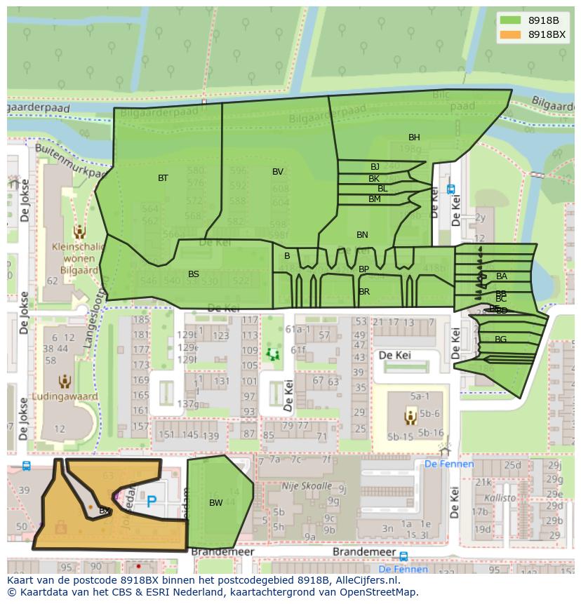 Afbeelding van het postcodegebied 8918 BX op de kaart.
