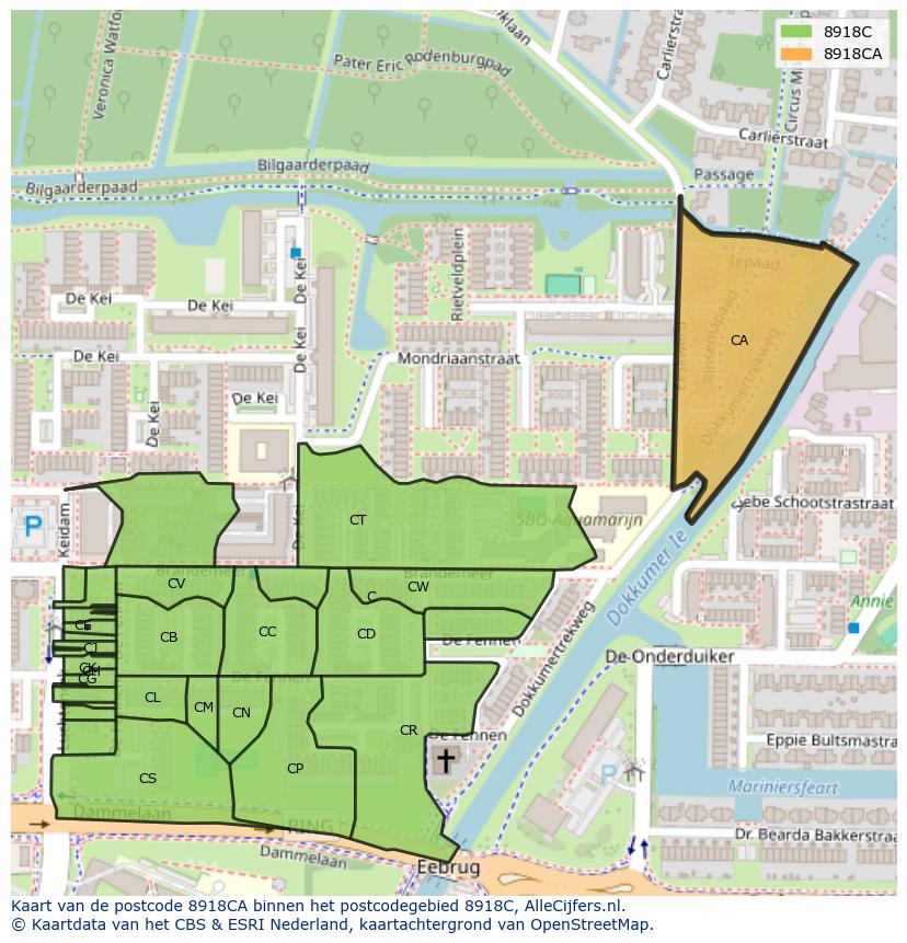 Afbeelding van het postcodegebied 8918 CA op de kaart.