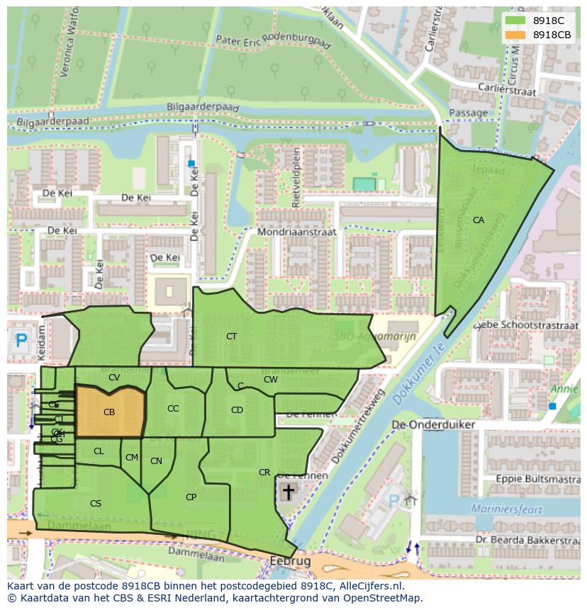 Afbeelding van het postcodegebied 8918 CB op de kaart.