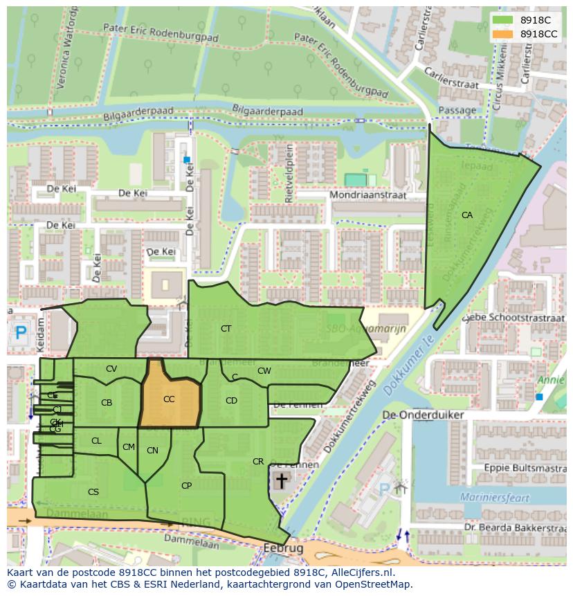 Afbeelding van het postcodegebied 8918 CC op de kaart.
