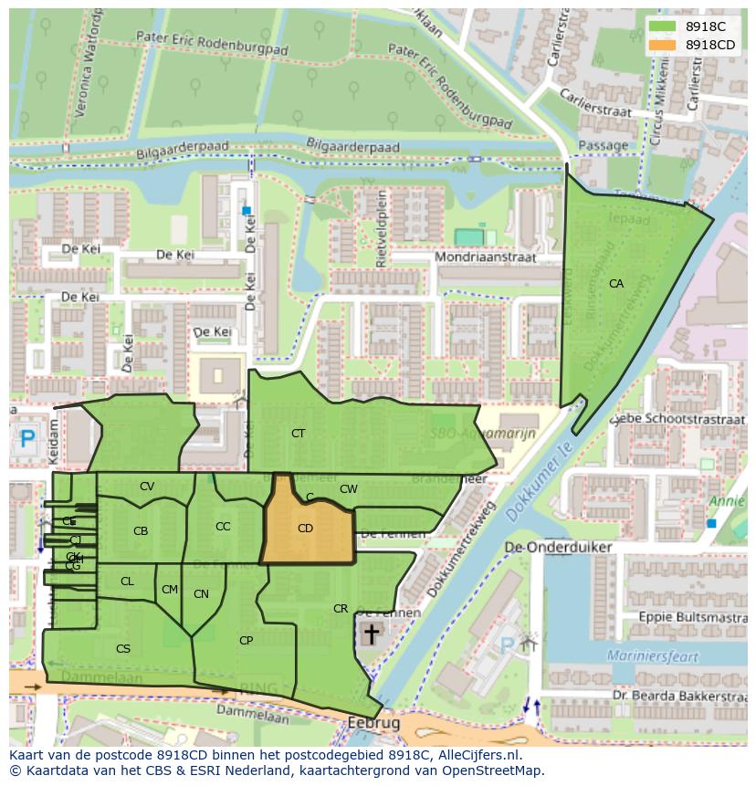 Afbeelding van het postcodegebied 8918 CD op de kaart.
