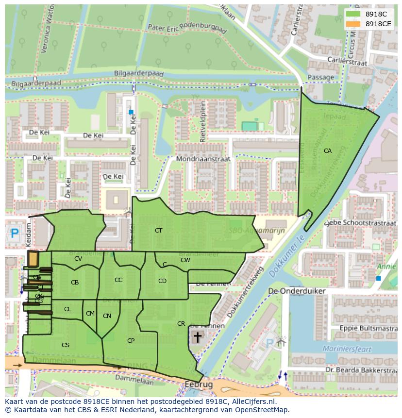 Afbeelding van het postcodegebied 8918 CE op de kaart.