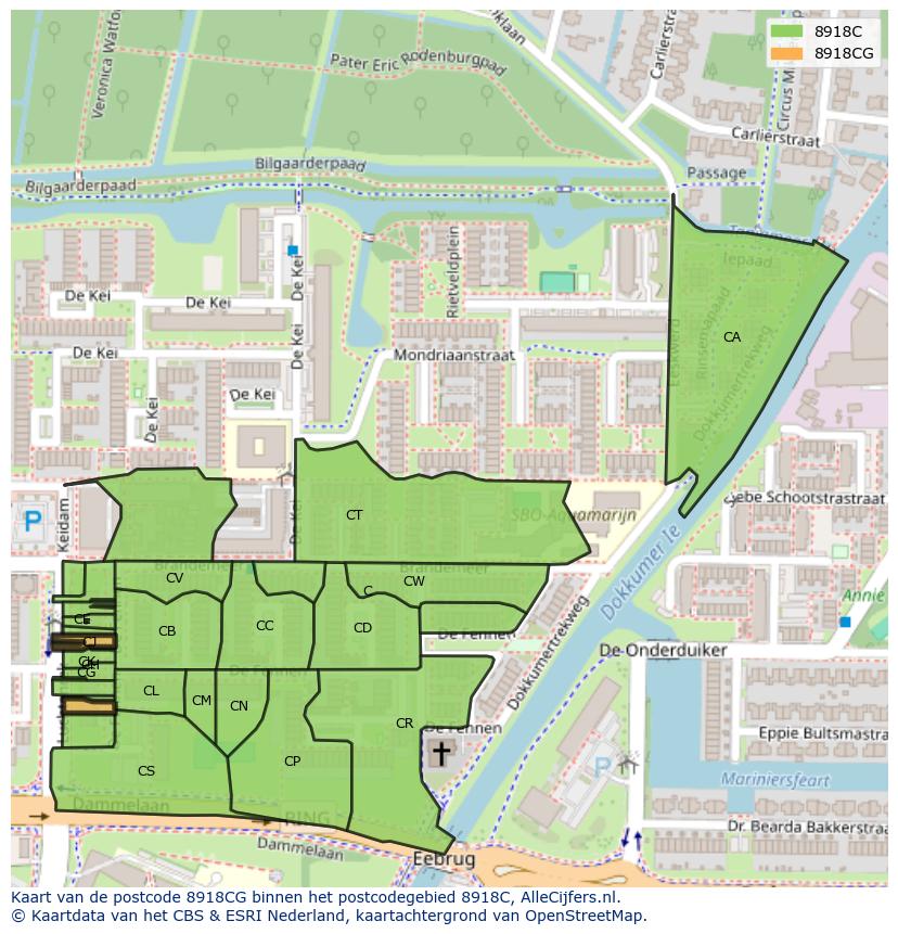 Afbeelding van het postcodegebied 8918 CG op de kaart.