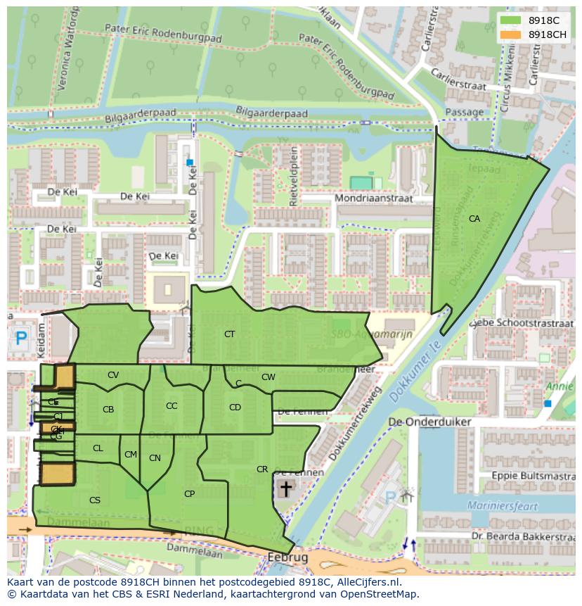Afbeelding van het postcodegebied 8918 CH op de kaart.