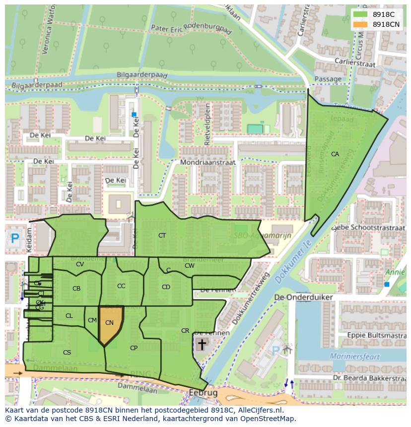 Afbeelding van het postcodegebied 8918 CN op de kaart.