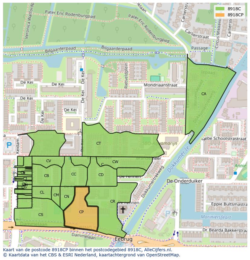 Afbeelding van het postcodegebied 8918 CP op de kaart.