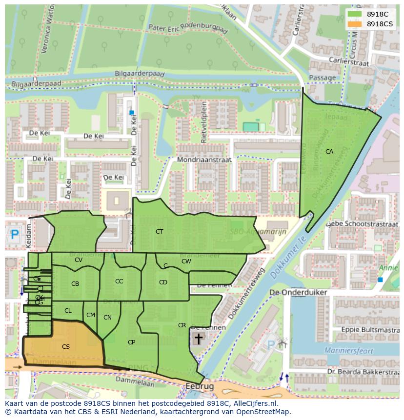 Afbeelding van het postcodegebied 8918 CS op de kaart.