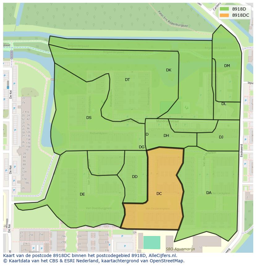 Afbeelding van het postcodegebied 8918 DC op de kaart.