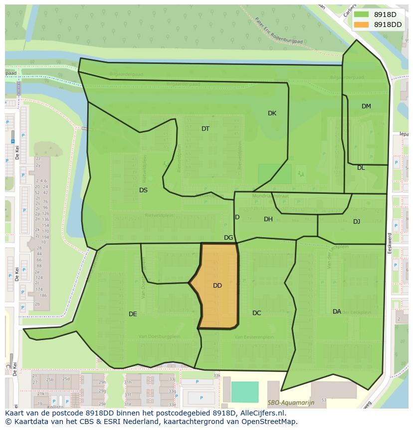 Afbeelding van het postcodegebied 8918 DD op de kaart.