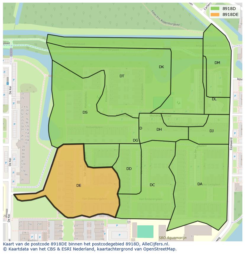 Afbeelding van het postcodegebied 8918 DE op de kaart.