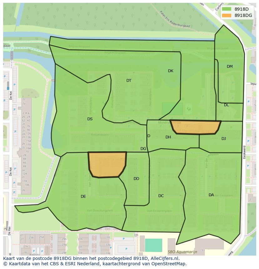 Afbeelding van het postcodegebied 8918 DG op de kaart.