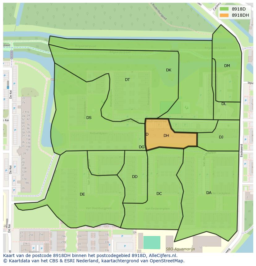 Afbeelding van het postcodegebied 8918 DH op de kaart.