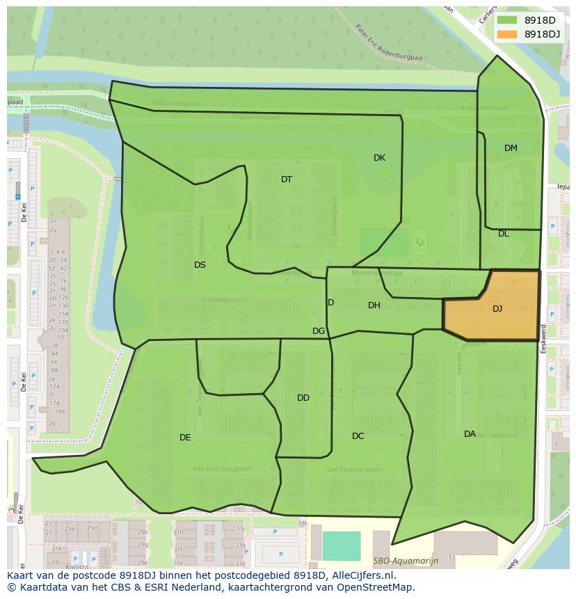 Afbeelding van het postcodegebied 8918 DJ op de kaart.