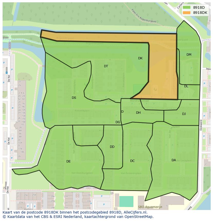 Afbeelding van het postcodegebied 8918 DK op de kaart.