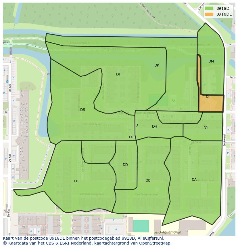 Afbeelding van het postcodegebied 8918 DL op de kaart.
