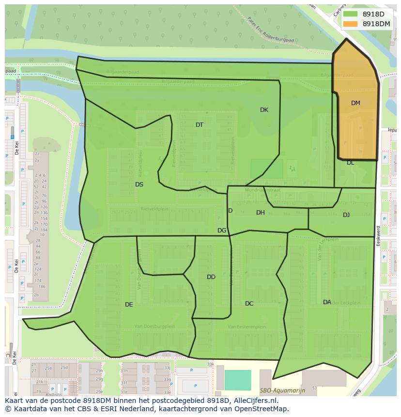 Afbeelding van het postcodegebied 8918 DM op de kaart.