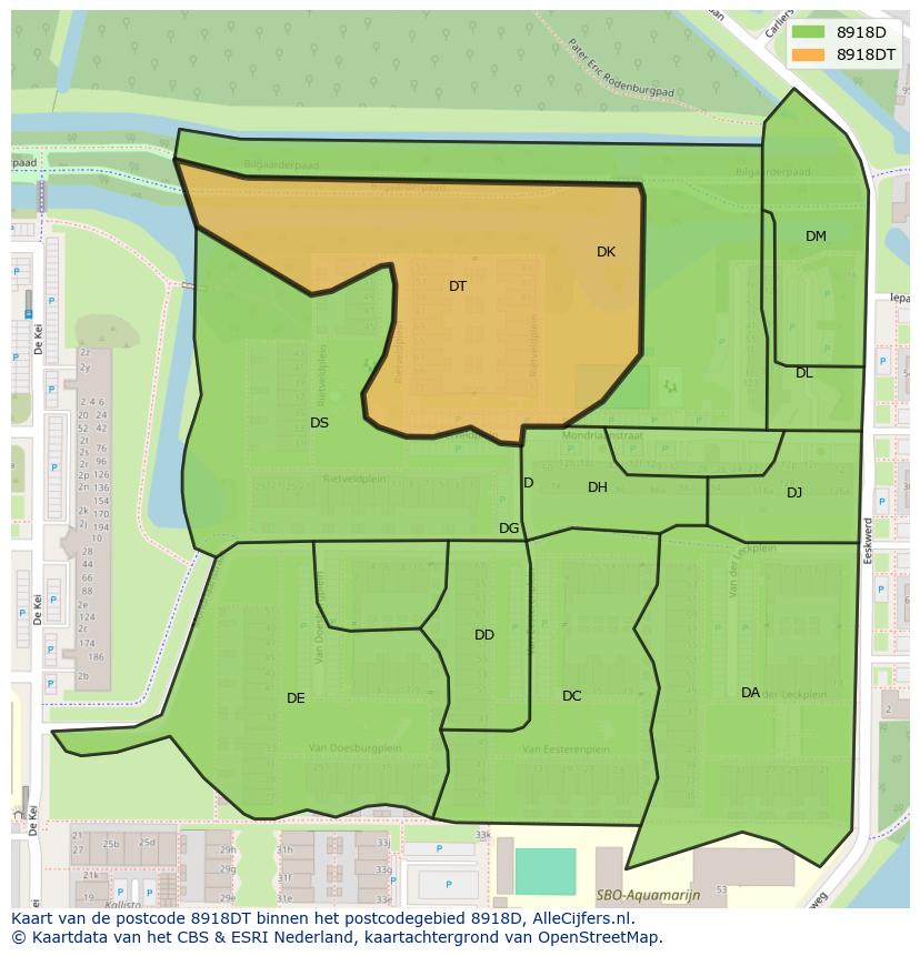 Afbeelding van het postcodegebied 8918 DT op de kaart.