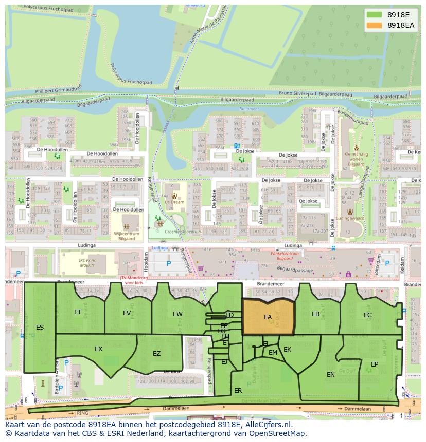 Afbeelding van het postcodegebied 8918 EA op de kaart.
