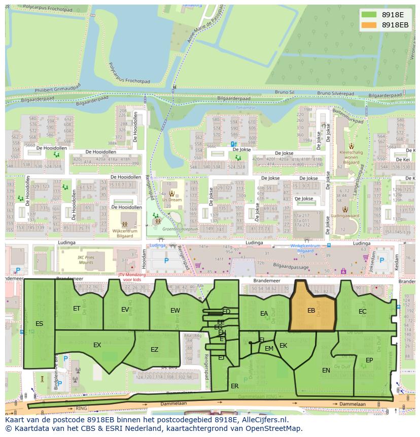 Afbeelding van het postcodegebied 8918 EB op de kaart.