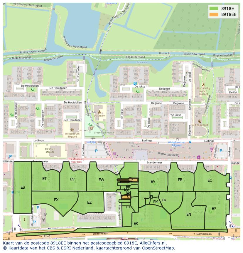 Afbeelding van het postcodegebied 8918 EE op de kaart.