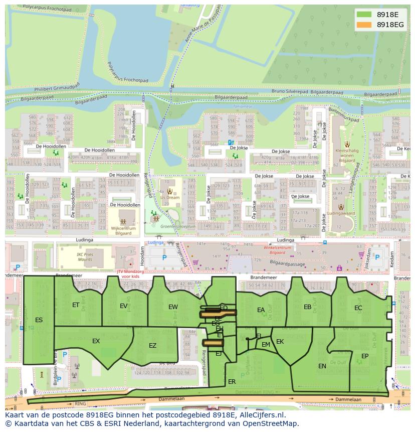 Afbeelding van het postcodegebied 8918 EG op de kaart.
