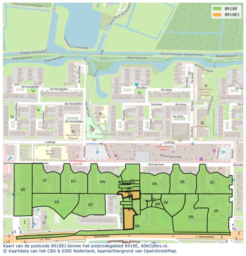 Afbeelding van het postcodegebied 8918 EJ op de kaart.