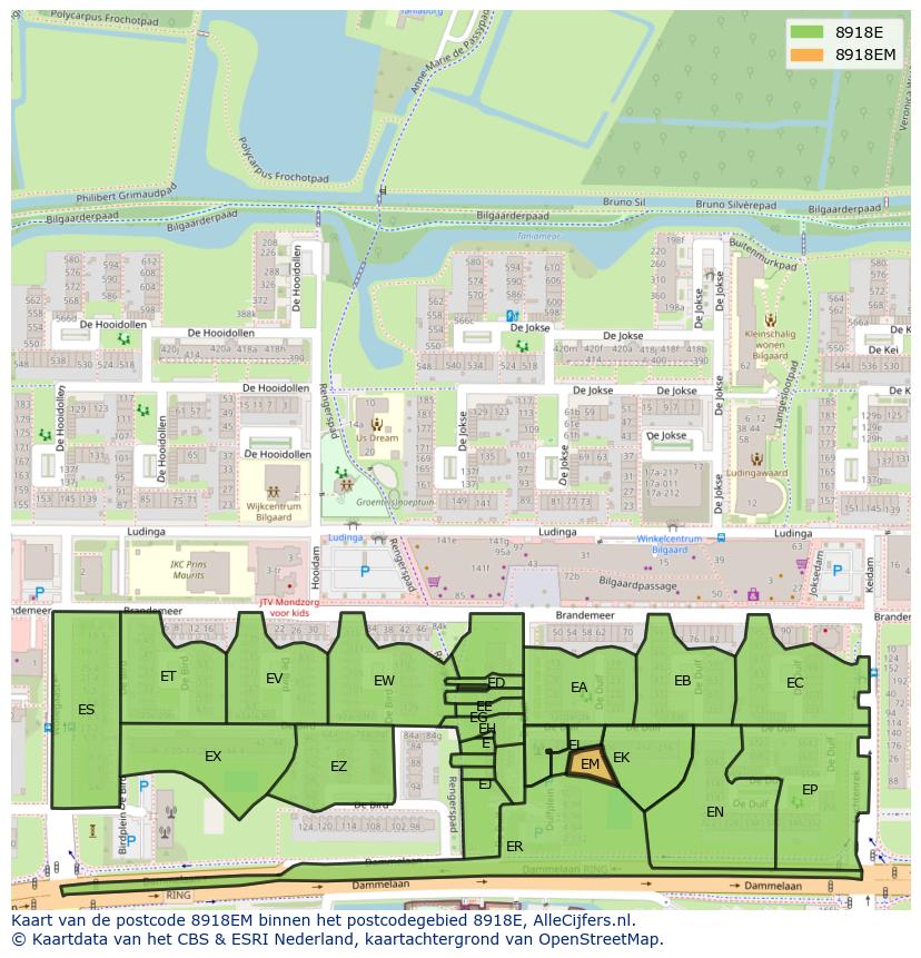 Afbeelding van het postcodegebied 8918 EM op de kaart.