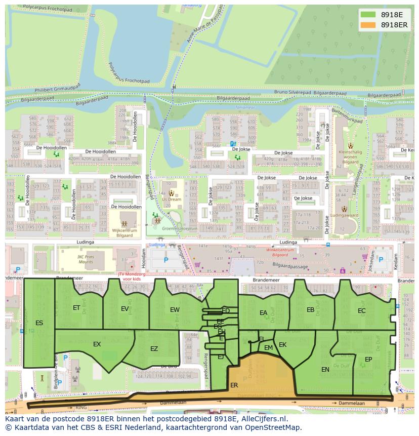 Afbeelding van het postcodegebied 8918 ER op de kaart.