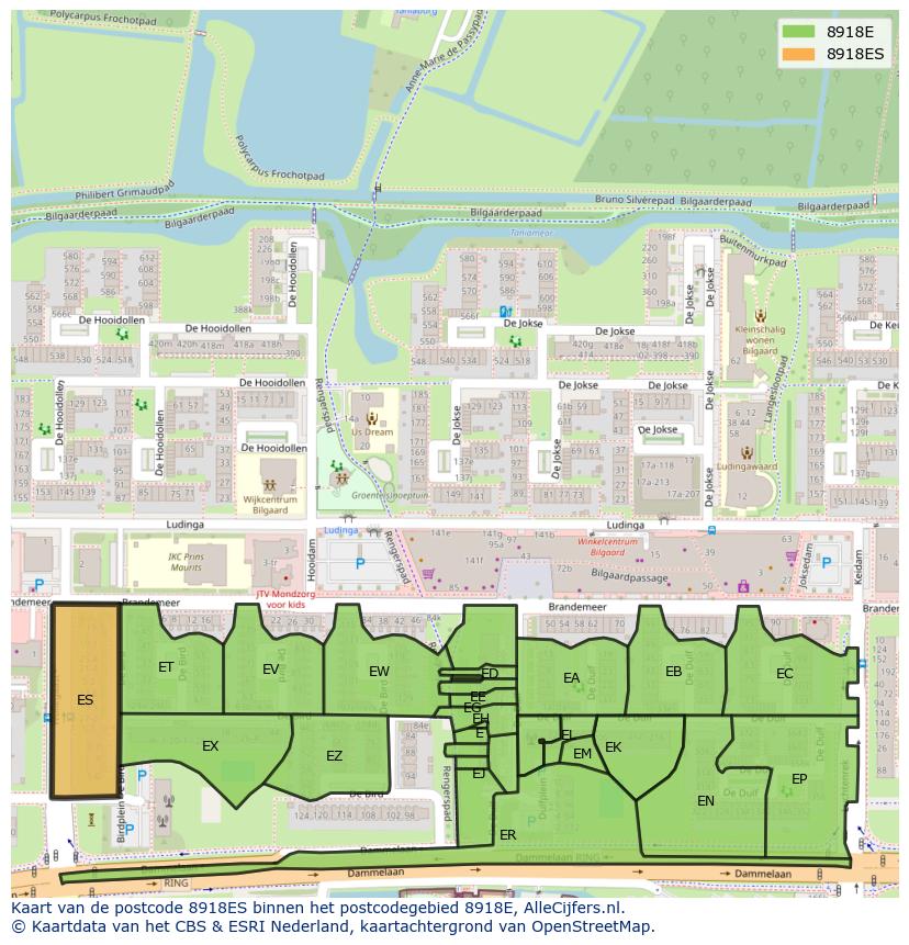 Afbeelding van het postcodegebied 8918 ES op de kaart.