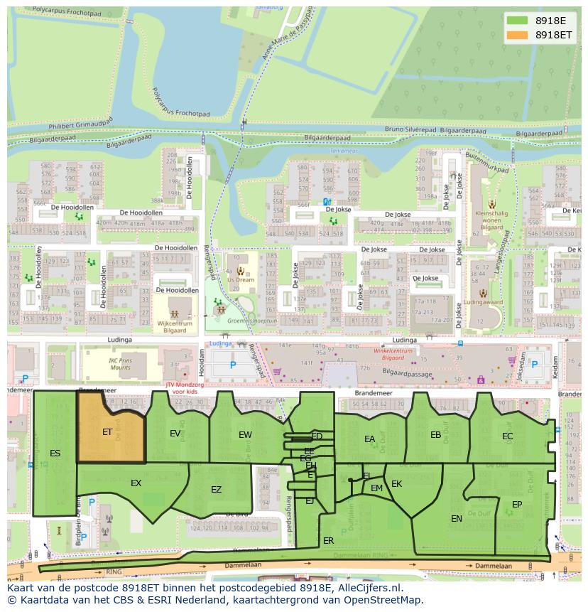 Afbeelding van het postcodegebied 8918 ET op de kaart.