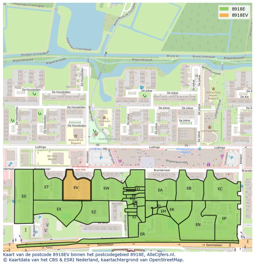 Afbeelding van het postcodegebied 8918 EV op de kaart.