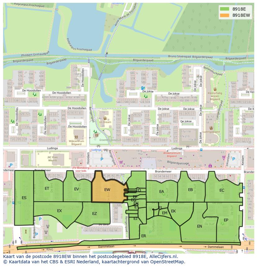 Afbeelding van het postcodegebied 8918 EW op de kaart.