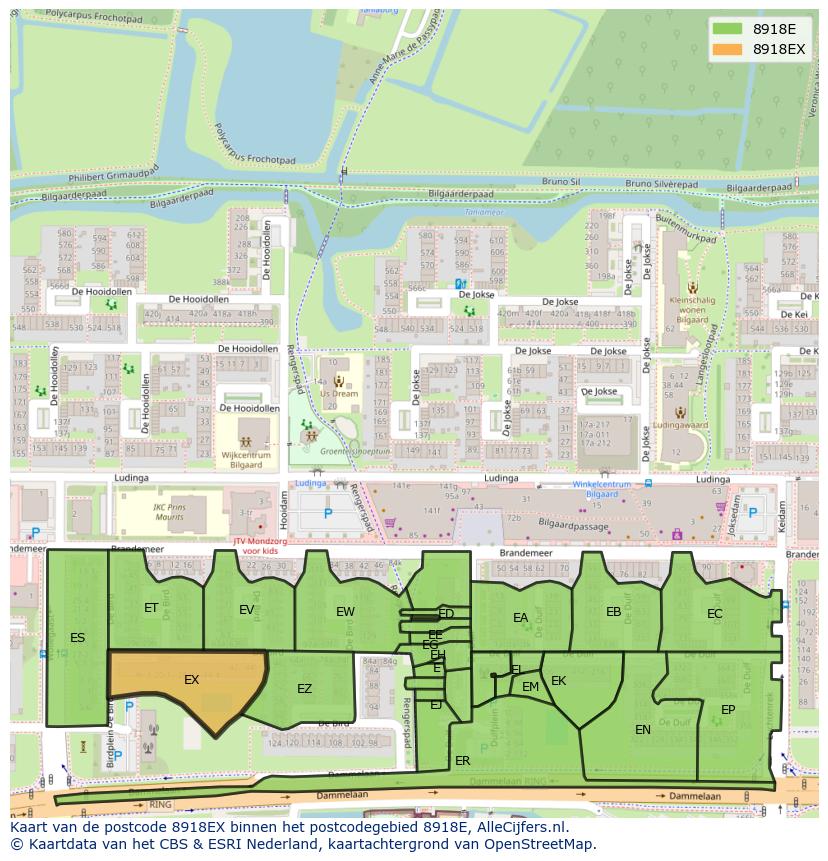 Afbeelding van het postcodegebied 8918 EX op de kaart.