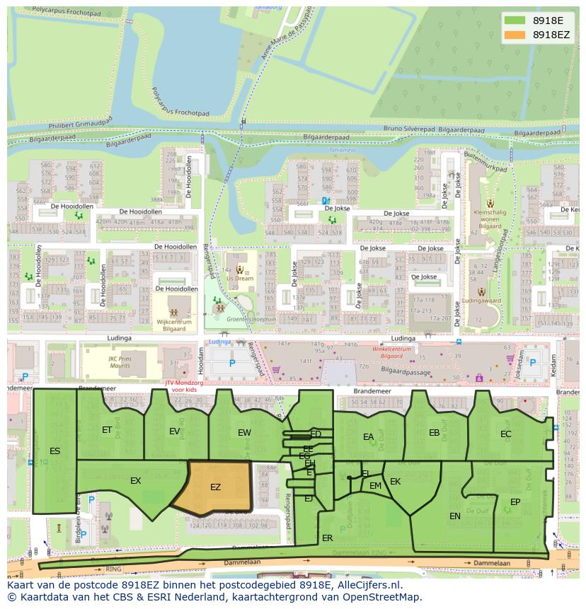 Afbeelding van het postcodegebied 8918 EZ op de kaart.