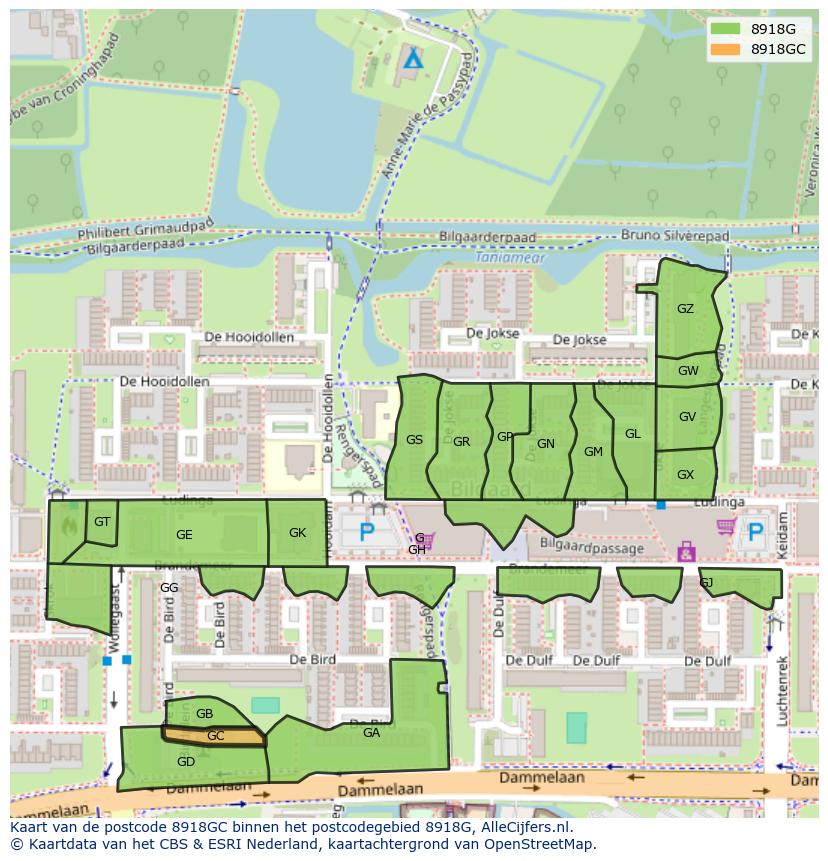 Afbeelding van het postcodegebied 8918 GC op de kaart.