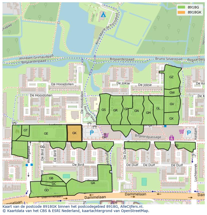 Afbeelding van het postcodegebied 8918 GK op de kaart.