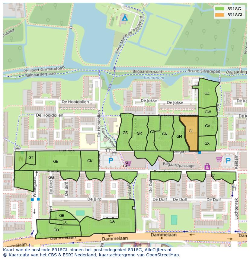 Afbeelding van het postcodegebied 8918 GL op de kaart.