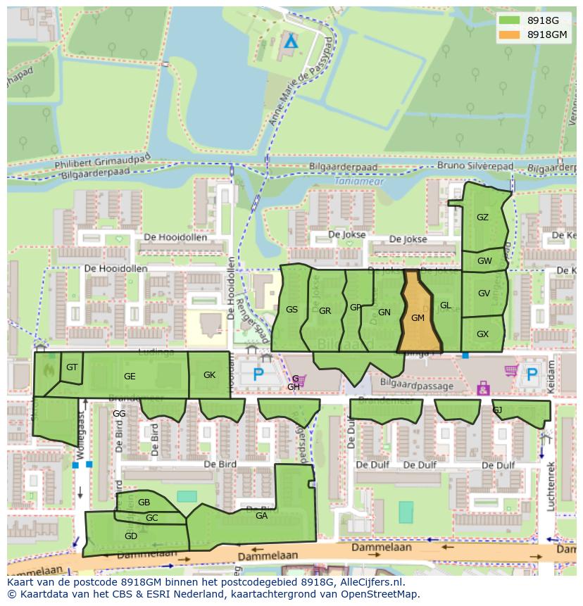 Afbeelding van het postcodegebied 8918 GM op de kaart.