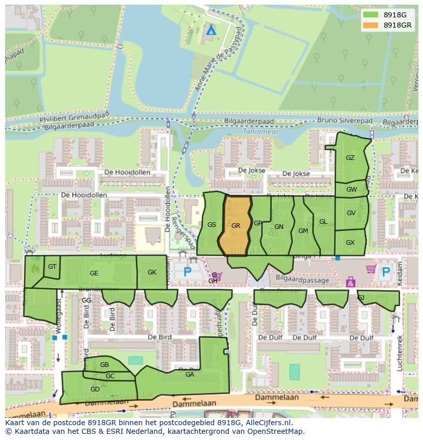 Afbeelding van het postcodegebied 8918 GR op de kaart.